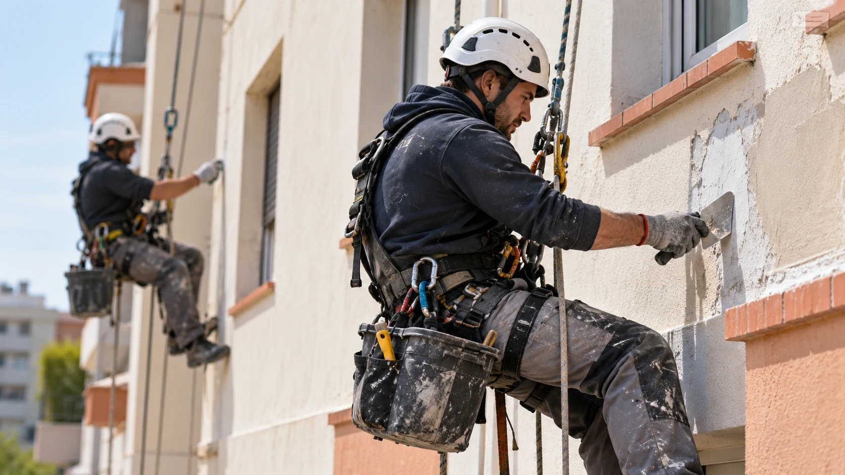Equipo reparando fachada de comunidad