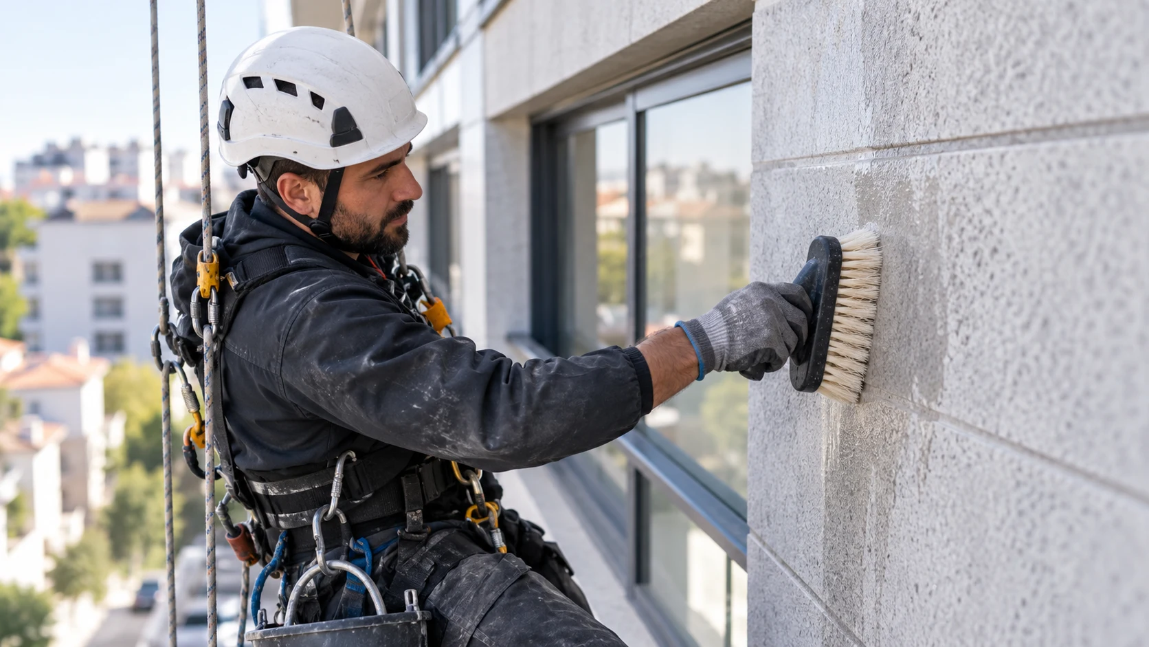 Limpieza técnica de piedra en fachada alta